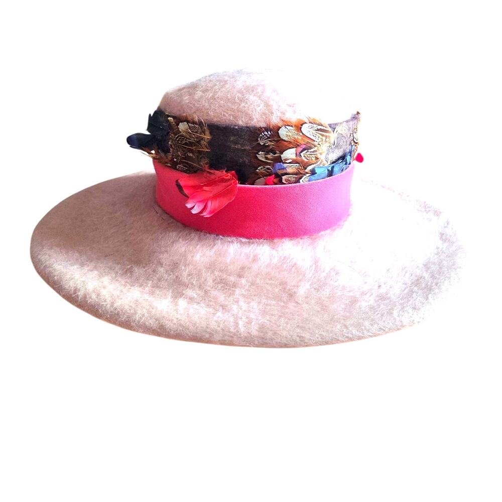 1960's Lazarus Pink Fur Felt Wide Brim Hat Natural Feathers Church Derby Indie
